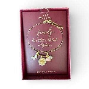 Milla 14kt gold plated charm bracelet butterfly, a tree of life & heart charm.